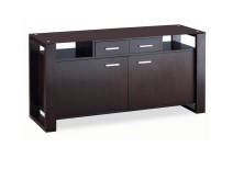 Buffet bas contemporain en ch&ecirc;ne massif weng&eacute; et verre tremp&eacute; marron Layton