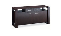 Buffet bas contemporain en ch&ecirc;ne massif weng&eacute; et verre tremp&eacute; marron Layton