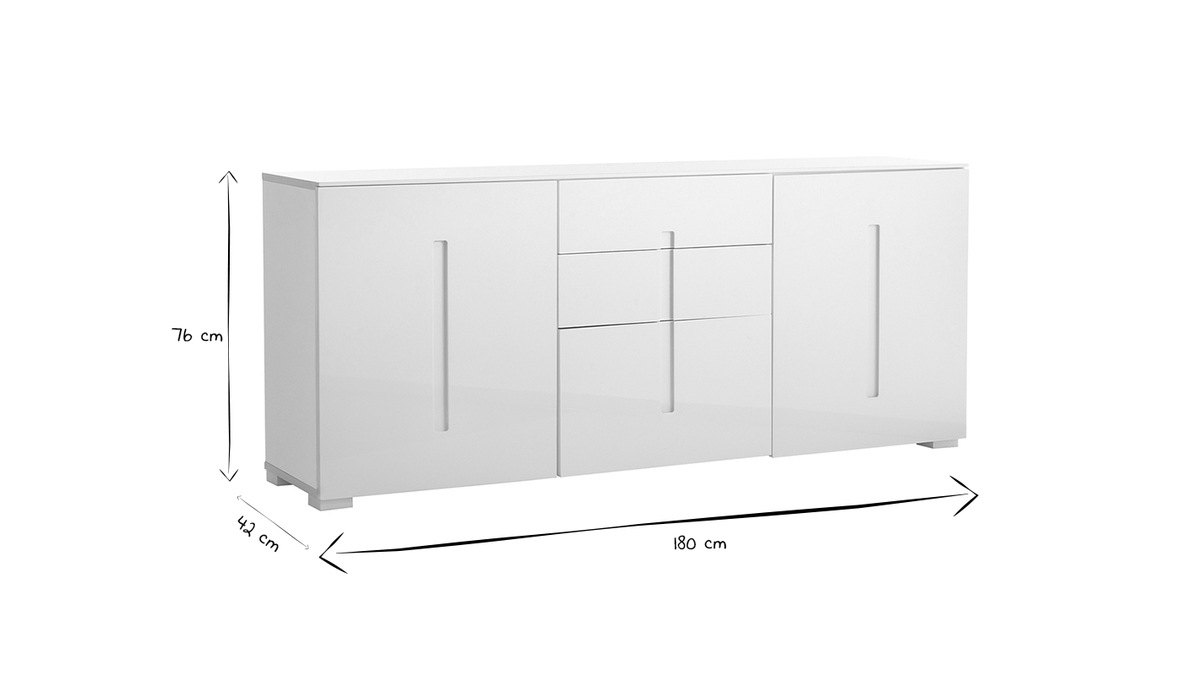 Buffet design blanc laqu brillant 2 portes 3 tiroirs L180 cm TED