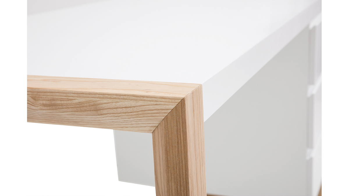 Bureau avec rangements 3 tiroirs scandinave blanc mat et bois clair frne massif L130 cm ARMEL