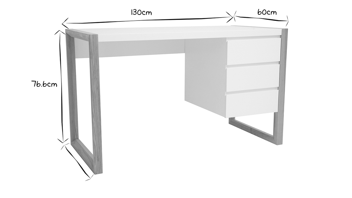 Bureau avec rangements 3 tiroirs scandinave blanc mat et bois clair frne massif L130 cm ARMEL