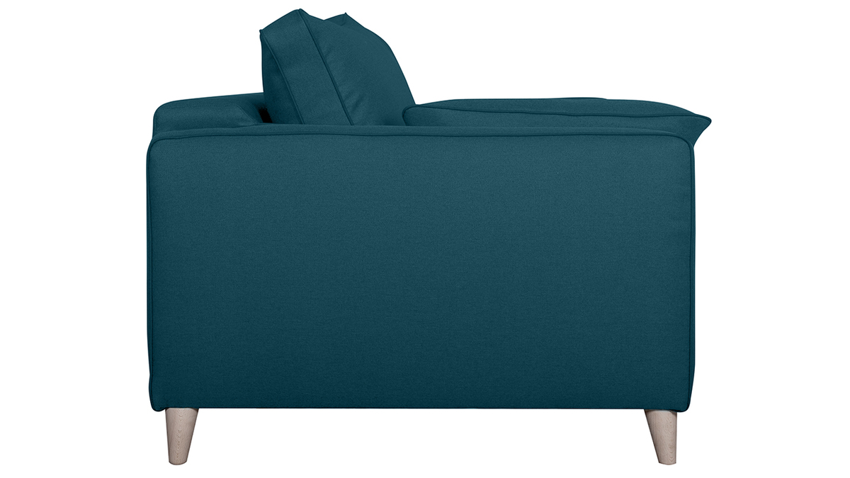 Canap convertible scandinave 3 places en tissu bleu canard et bois clair avec matelas 10 cm PAPEL