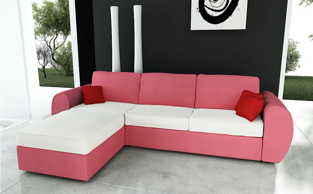 Canap&eacute; d'angle convertible 4 &agrave; 5 places en coton couleur corail et blanc