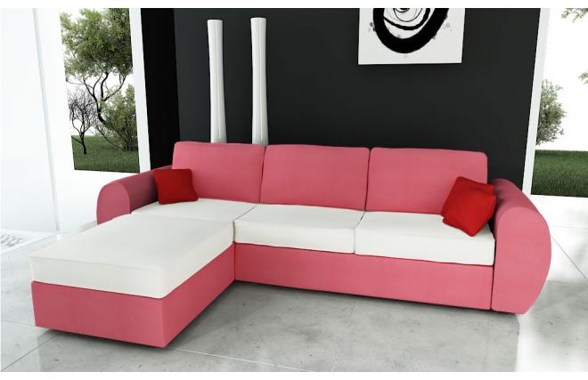 Canap&eacute; d'angle convertible 4 &agrave; 5 places en coton couleur corail et blanc