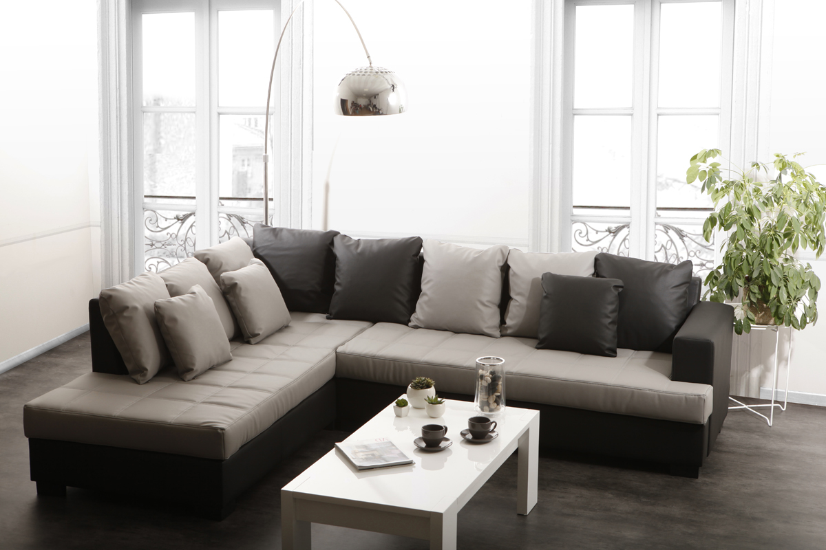 Canap&eacute; d'angle design 4-5 places gris et noir (angle gauche) KINGSTON