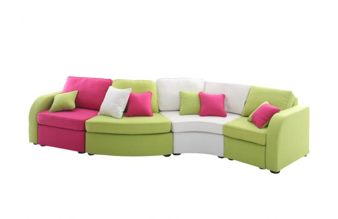 Canap&eacute; modulaire 5 places rose, blanc et anis