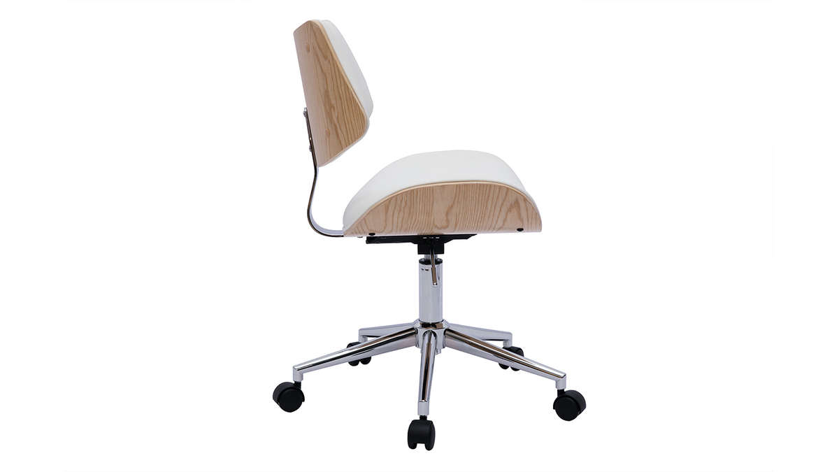 Chaise de bureau  roulettes design blanc, bois clair chne et mtal MALMO