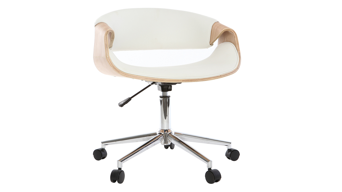 Chaise de bureau  roulettes design blanc, bois clair et acier chrom ARAMIS