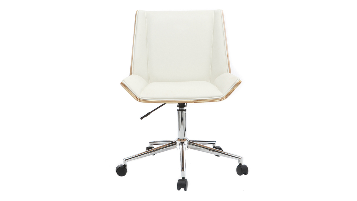 Chaise de bureau  roulettes design blanc, bois clair et acier chrom MELKIOR