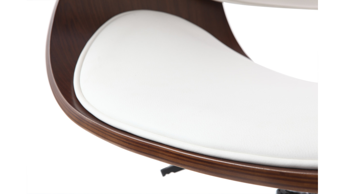 Chaise de bureau  roulettes design blanc, bois fonc noyer et acier chrom BENT