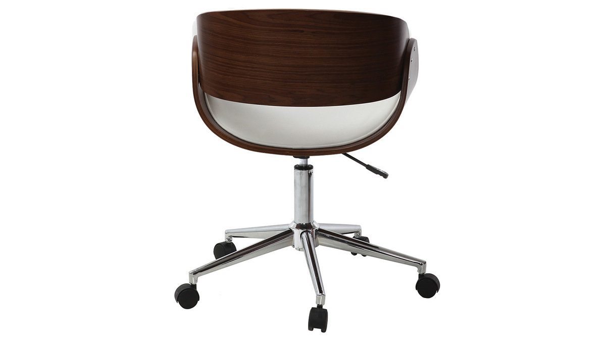 Chaise de bureau  roulettes design blanc, bois fonc noyer et acier chrom BENT