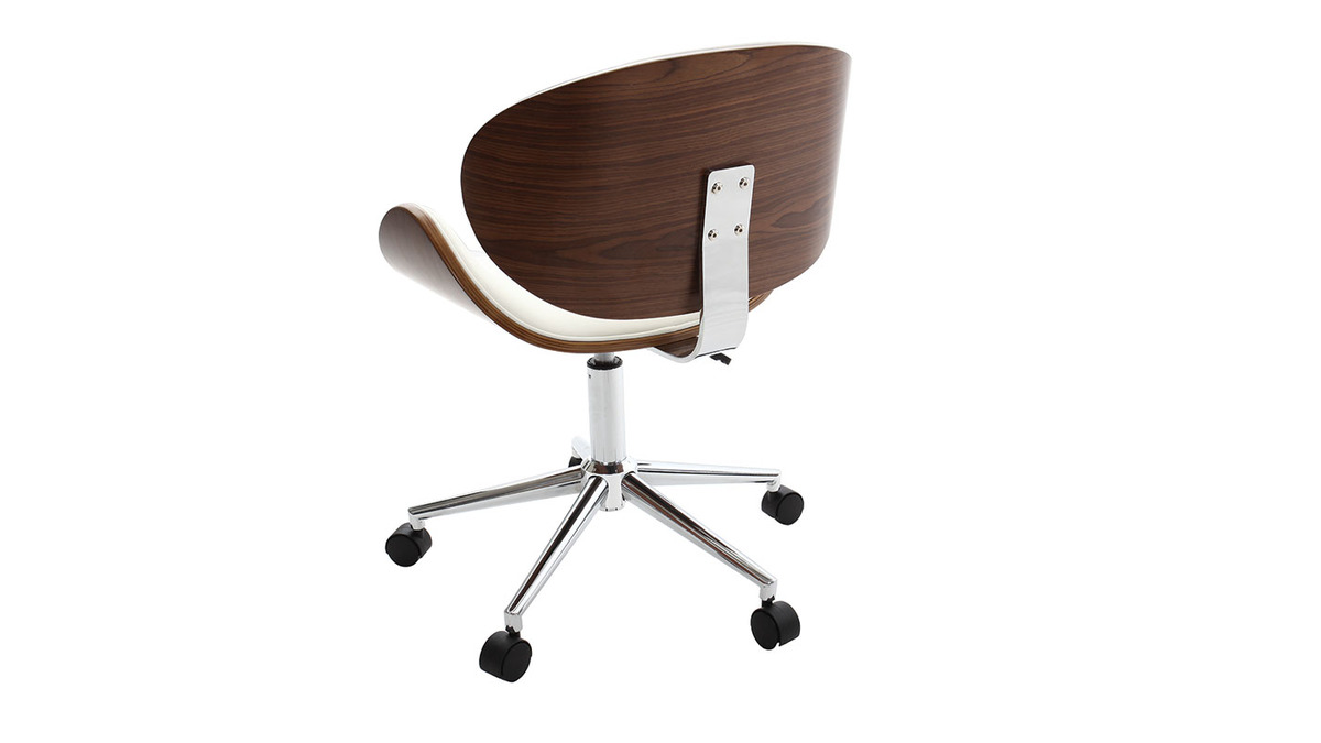 Chaise de bureau  roulettes design blanc, bois fonc noyer et acier chrom WALNUT