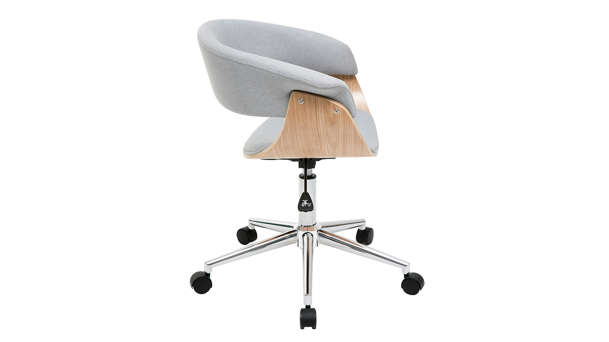 Chaise de bureau  roulettes design en tissu gris clair, bois clair et acier chrom OKTAV