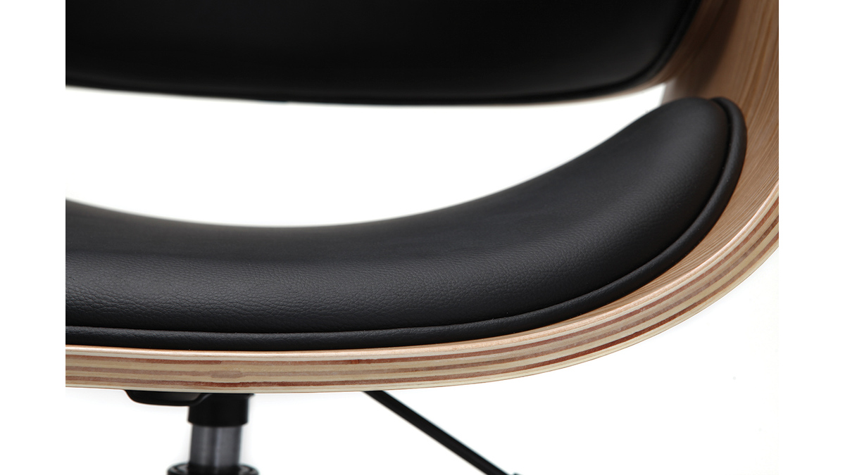 Chaise de bureau  roulettes design noir, bois clair et acier chrom BENT