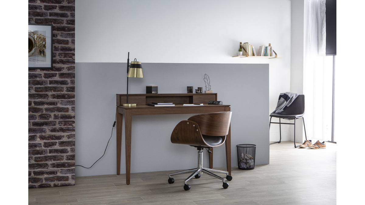 Chaise de bureau  roulettes design noir, bois fonc noyer et acier chrom  BENT