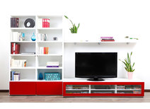 Ensemble mural TV design blanc et roug&eacute; laqu&eacute; TELIS by SYMBIOSIS