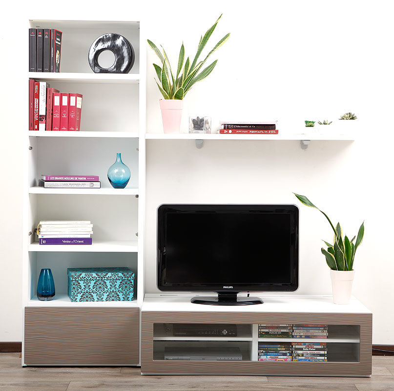 Ensemble mural TV design blanc et taupe ISIS by SYMBIOSIS