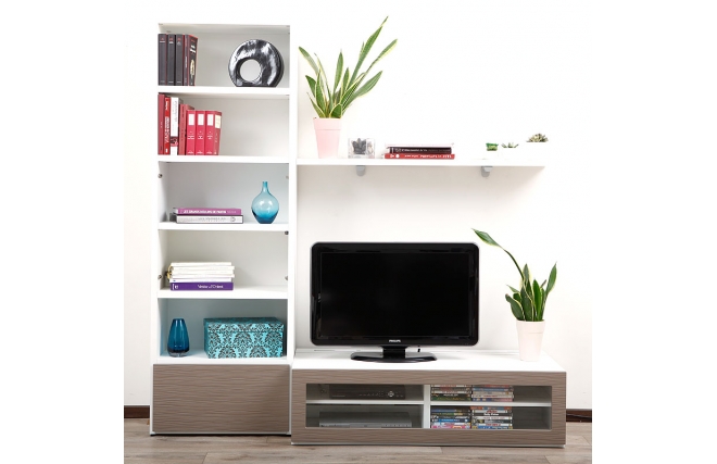 Ensemble mural TV design blanc et taupe ISIS by SYMBIOSIS