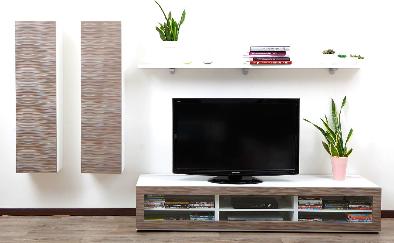 Ensemble mural TV design blanc et taupe XALIS by SYMBIOSIS