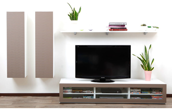Ensemble mural TV design blanc et taupe XALIS by SYMBIOSIS