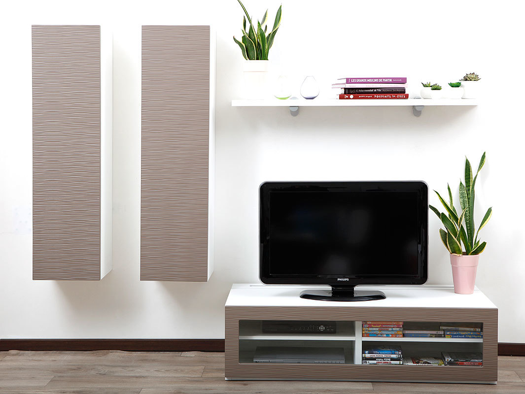 Ensemble mural TV design blanc et taupe YRIS by SYMBIOSIS
