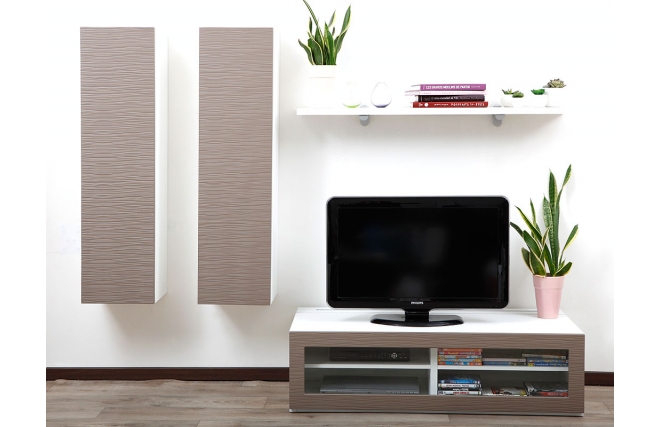 Ensemble mural TV design blanc et taupe YRIS by SYMBIOSIS