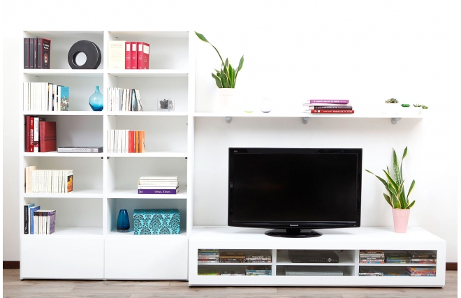 Ensemble mural TV design blanc laqu&eacute; TELIS by SYMBIOSIS