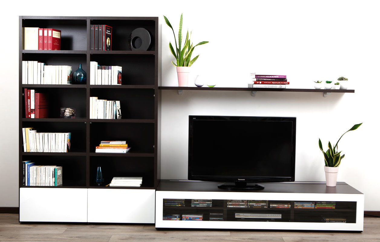 Ensemble mural TV design chocolat et blanc laqu&eacute; TELIS by SYMBIOSIS