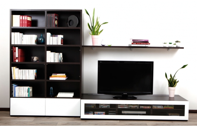 Ensemble mural TV design chocolat et blanc laqu&eacute; TELIS by SYMBIOSIS