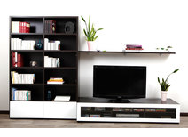 Ensemble mural TV design chocolat et blanc laqu&eacute; TELIS by SYMBIOSIS