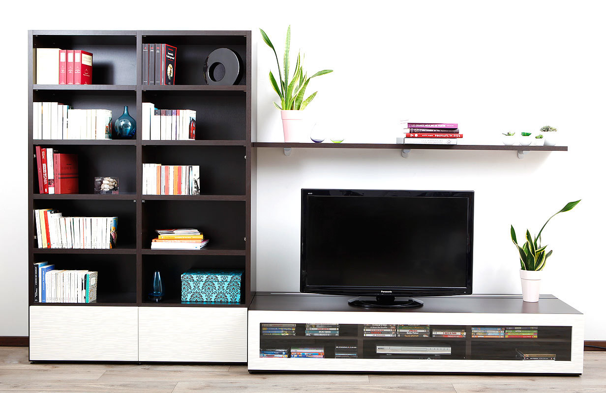 Ensemble mural TV design chocolat et blanc TELIS by SYMBIOSIS