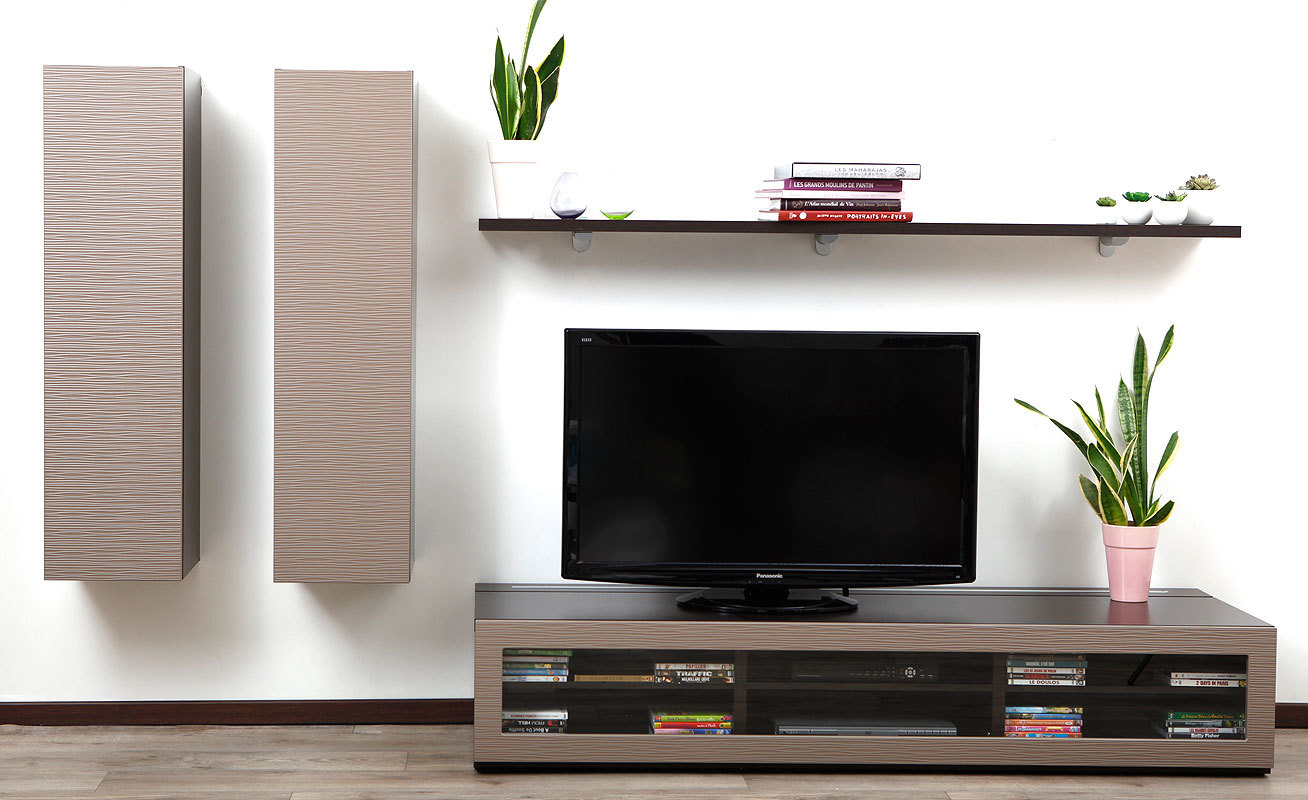 Ensemble mural TV design chocolat et taupe XALIS by SYMBIOSIS