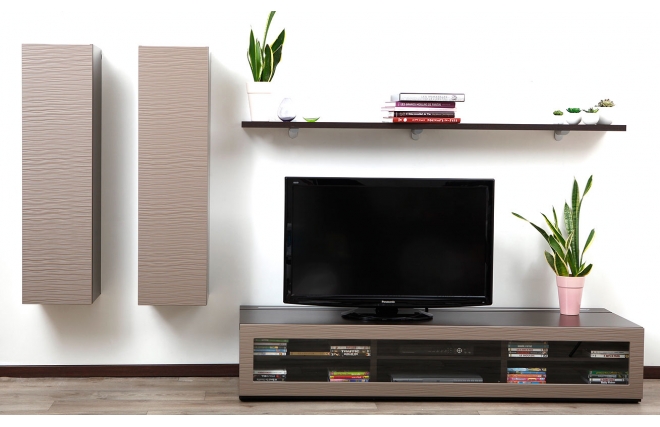 Ensemble mural TV design chocolat et taupe XALIS by SYMBIOSIS