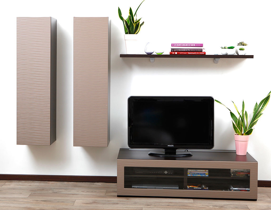 Ensemble mural TV design chocolat et taupe YRIS by SYMBIOSIS