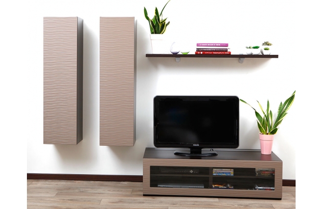 Ensemble mural TV design chocolat et taupe YRIS by SYMBIOSIS