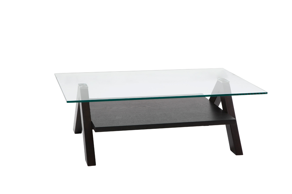 Table basse de salon design rectangulaire BAILEY coloris weng&eacute; et plateau en verre tremp&eacute;