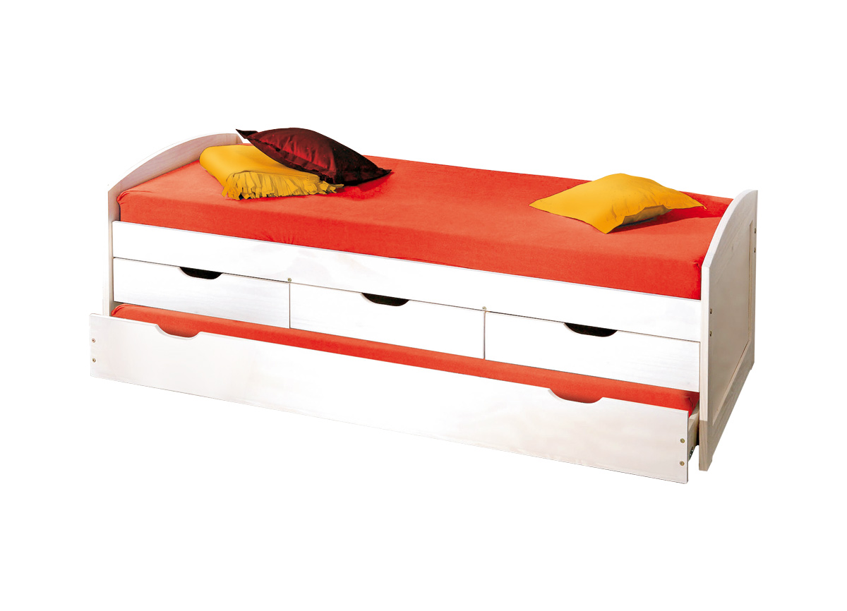 Lit enfant tiroirs 90x190 pin massif blanc UPAMA