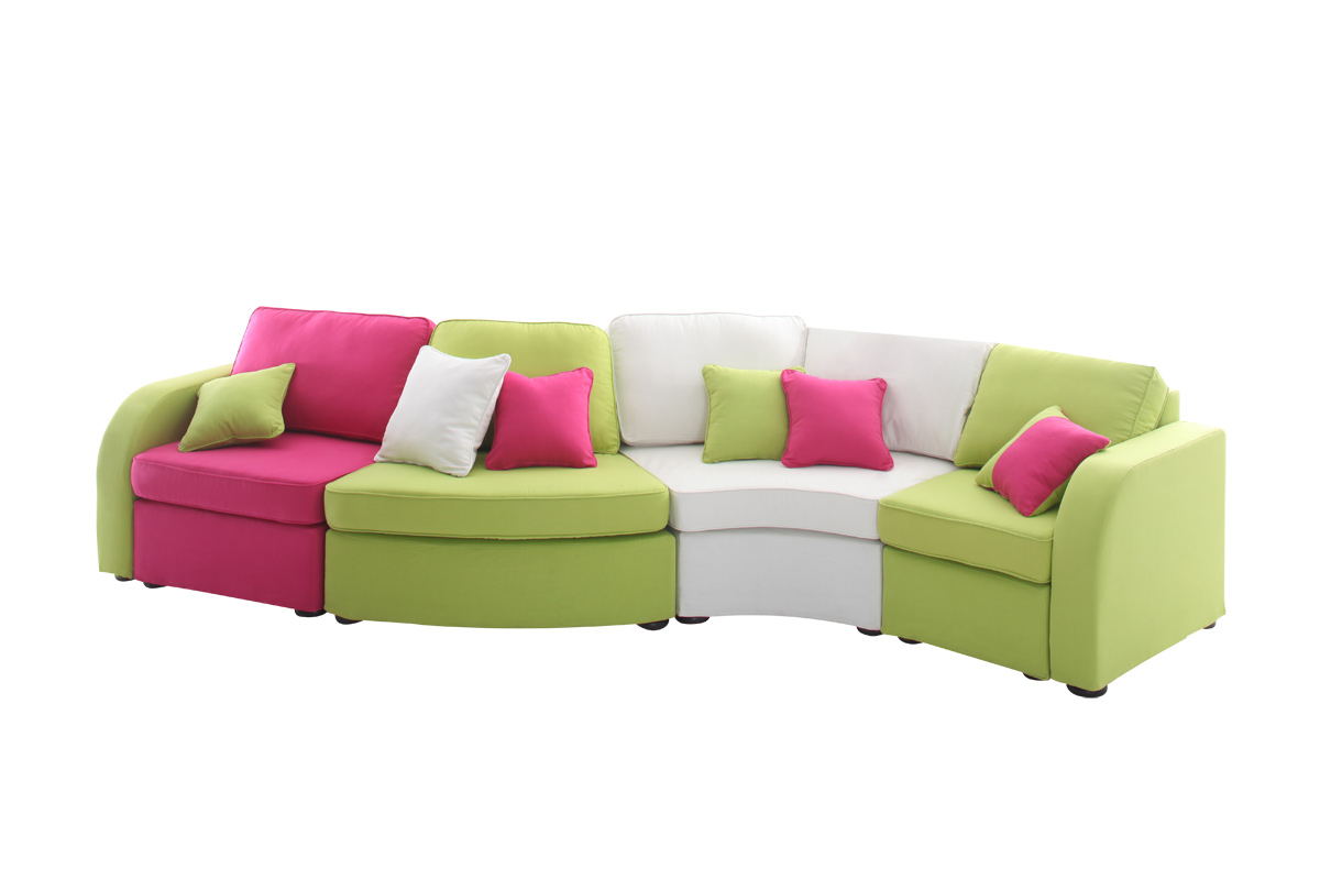 Canap modulaire 5 places rose, blanc et anis
