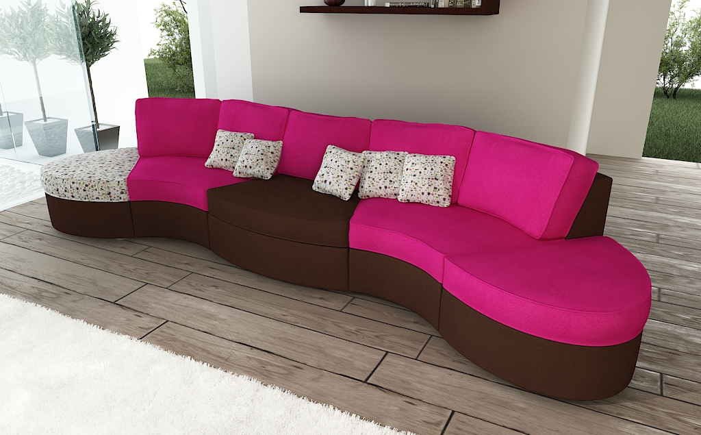 Canap modulable 5/6 places rose chocolat et motifs