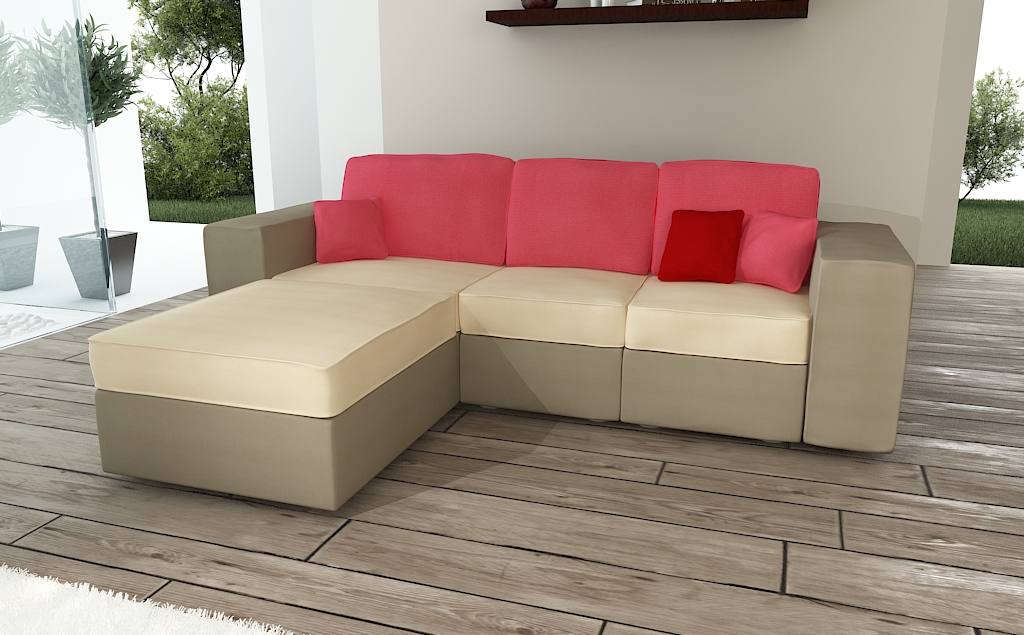 Canap d\'angle 4 5 places beige, naturel et corail