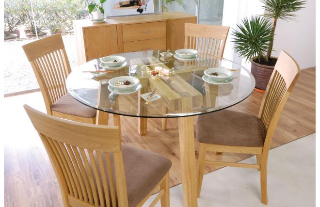 La table ronde  plateau verre DALTON - pieds ch&ecirc;ne malaisien - ch&ecirc;ne clair