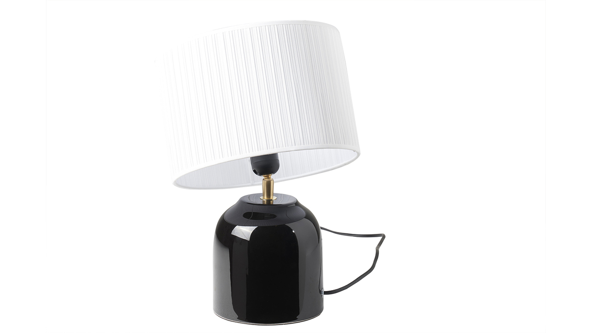 Lampe  poser noire en cramique brillante et abat-jour en tissu pliss blanc H35 cm PIEGA