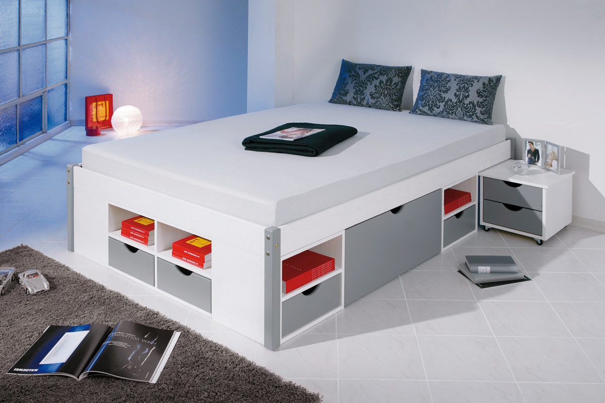 Lit multi-rangements 140x200 blanc gris VIGGO