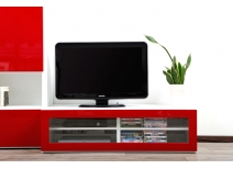 Meuble TV design lumineux 1.25 m blanc et rouge laqu&eacute; SYMBIOSIS