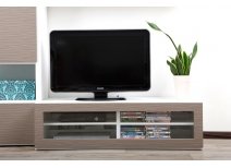 Meuble TV design lumineux 1.25 m blanc et taupe SYMBIOSIS