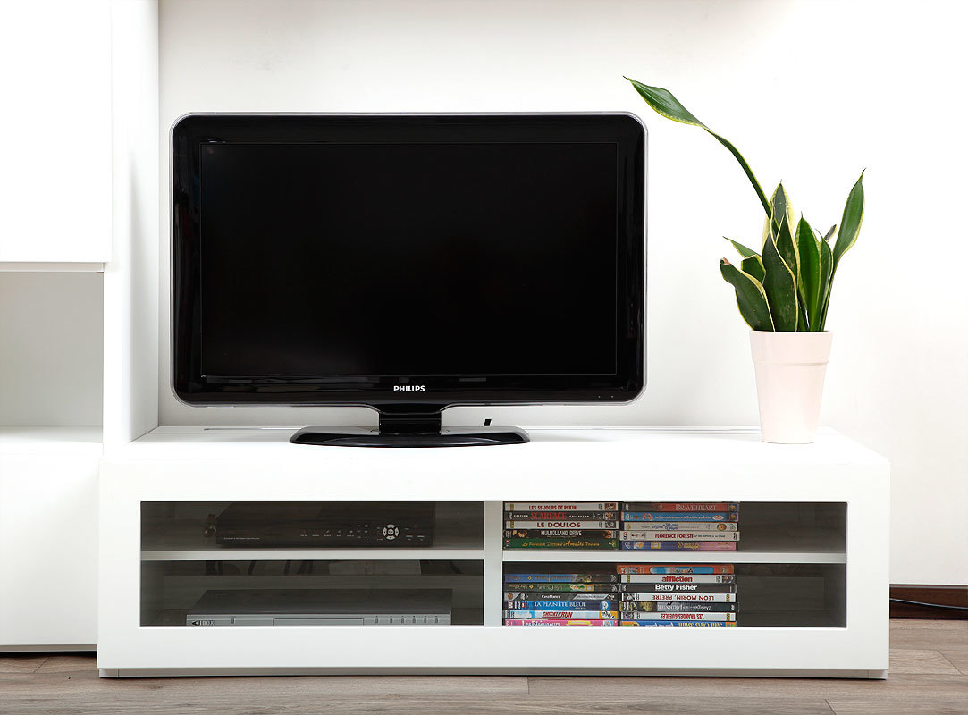 Meuble TV design lumineux 1.25 m blanc laqu&eacute; SYMBIOSIS