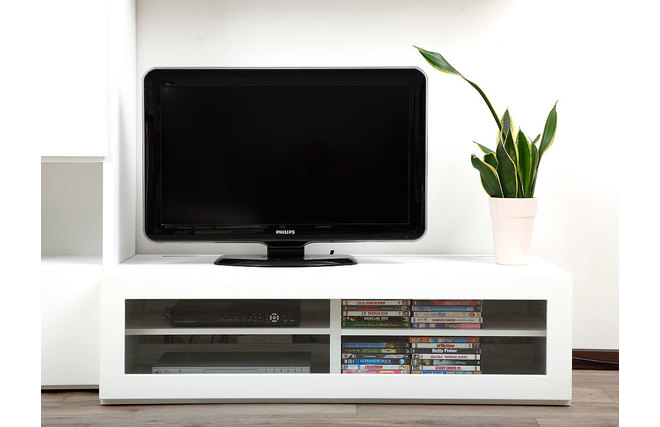 Meuble TV design lumineux 1.25 m blanc laqu&eacute; SYMBIOSIS