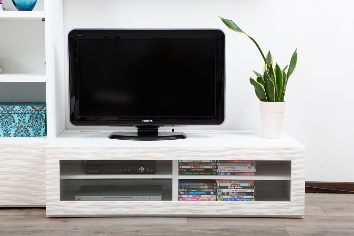 Meuble TV design lumineux 1.25 m blanc SYMBIOSIS