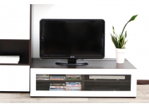 Meuble TV design lumineux 1.25 m chocolat et blanc laqu&eacute; SYMBIOSIS