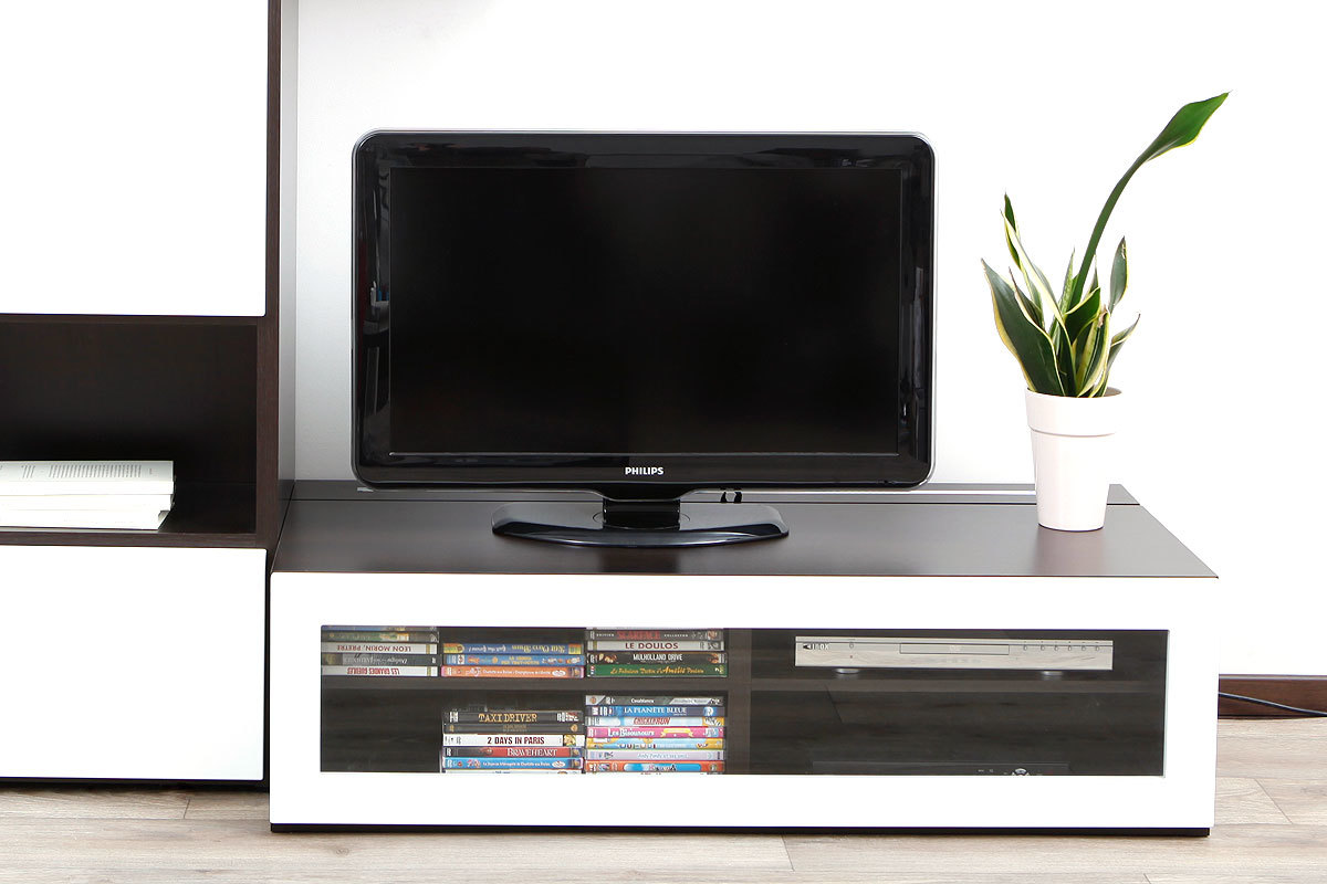 Meuble TV design lumineux 1.25 m chocolat et blanc laqu&eacute; SYMBIOSIS